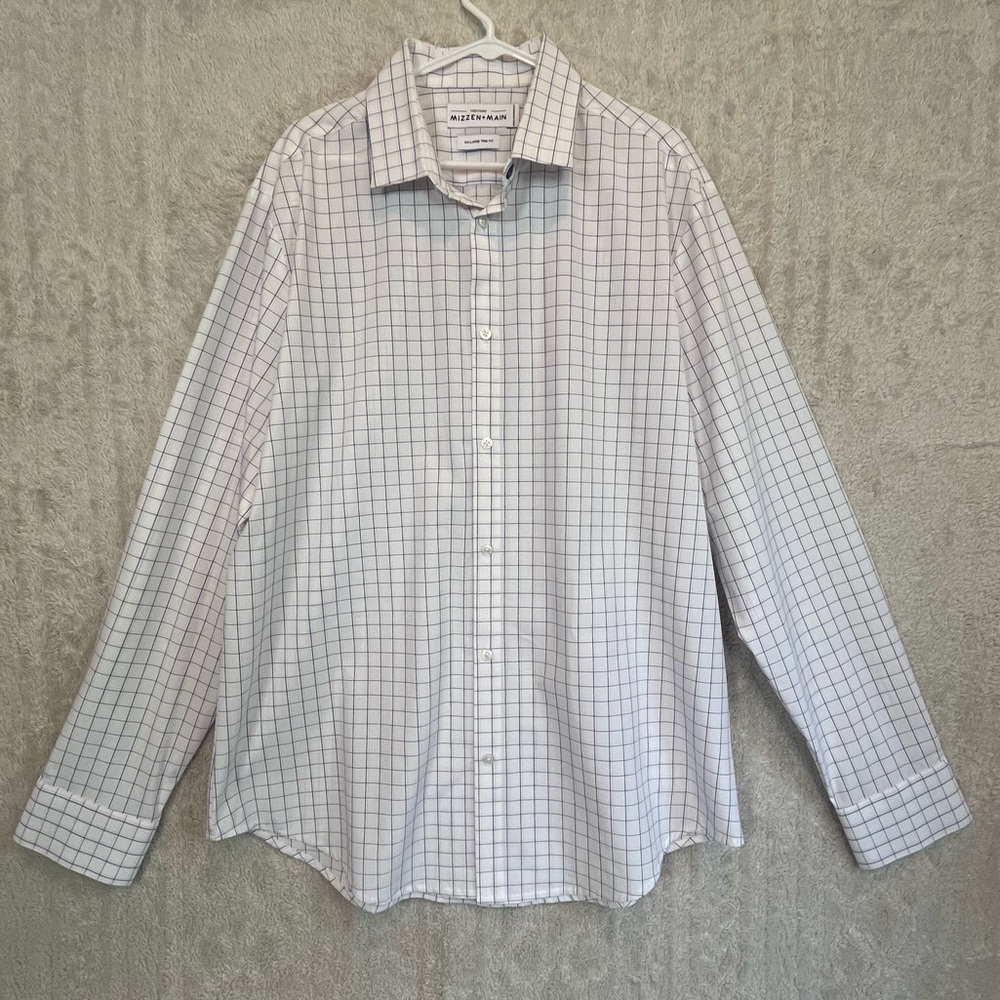 Mizzen + Main Mens Performance Button Up Dress Shirt Windowpane Sz XXL Trim Fit